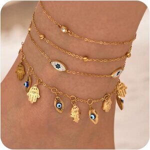 Set of 4 Adjustable 18K Gold Plated Anklets - Waterproof Summer Jewelry
